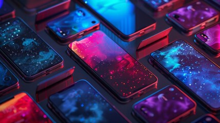 Array of cutting-edge smartphones on a dynamic abstract background, highlighting innovative mobile technology and seamless connectivity in the digital era.
