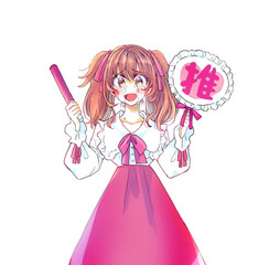 うちわとサイリウムを持って推し活をする女性　感涙　赤