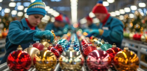Naklejka premium Factory workers inspecting colorful Christmas ornaments on a production line. Holiday manufacturing, festive decorations, quality control, Christmas season preparations, industrial process.