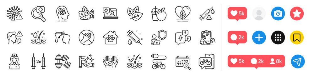 Dont touch, Medical calendar and Fair trade line icons pack. Social media icons. Coronavirus vaccine, Electric bike, Organic tested web icon. Vector