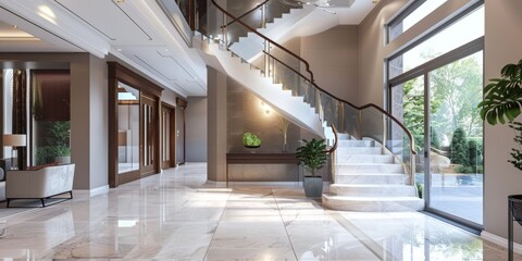 Modern Entrance Hall Interior Design with Villa Staircase. Created with Generative AI, Featuring Minimalist and Contemporary Youthful Aesthetics. Popular Interior Design Theme, 4K High-Resolution Wall