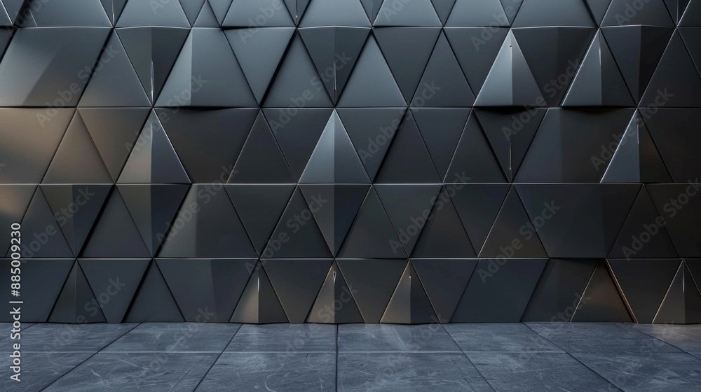 Poster futuristic 3d render of triangular black tile wall background with polished blocks, ideal for techno