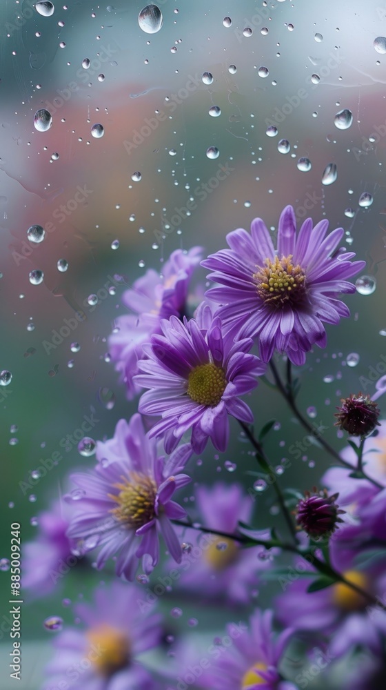 Sticker Rain scene with asters outdoors blossom flower.