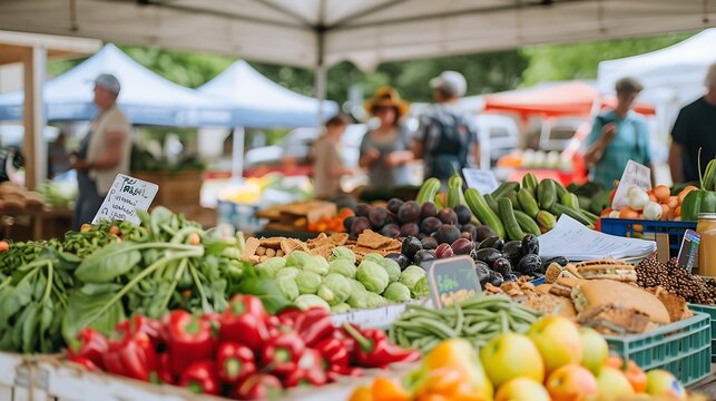 Bustling farmer's market fresh produce baked goods and handmade crafts with people shopping and socializing with writing space and open area
