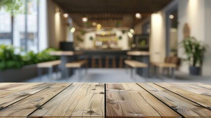 Wooden table with cafe interior background
