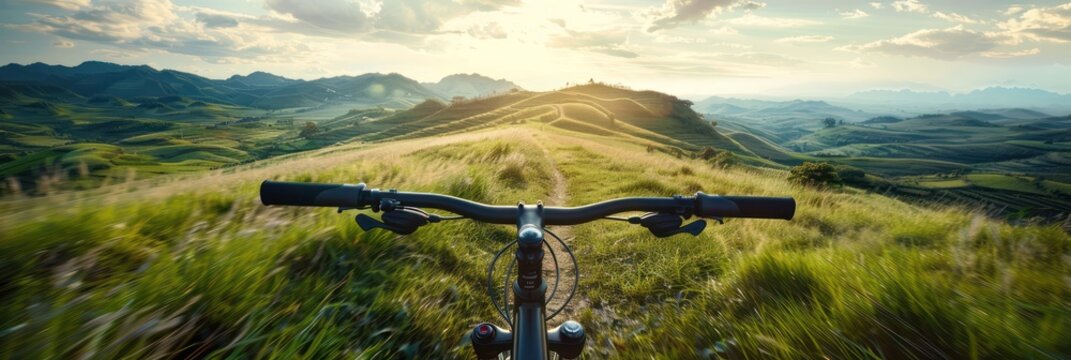 Mountain landscape with green valley and mountains. Black bicycle rides through peaceful countryside. Scenic view from bike perspective. Perfect for travel agency and tours.