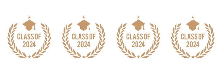 Set of class of 2024 graduation award emblem design template isolated in white background, graduation cap with laurel wreath in gold color