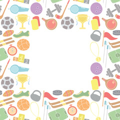 Seamless sport frame. Background with sports icons. Doodle sport illustration