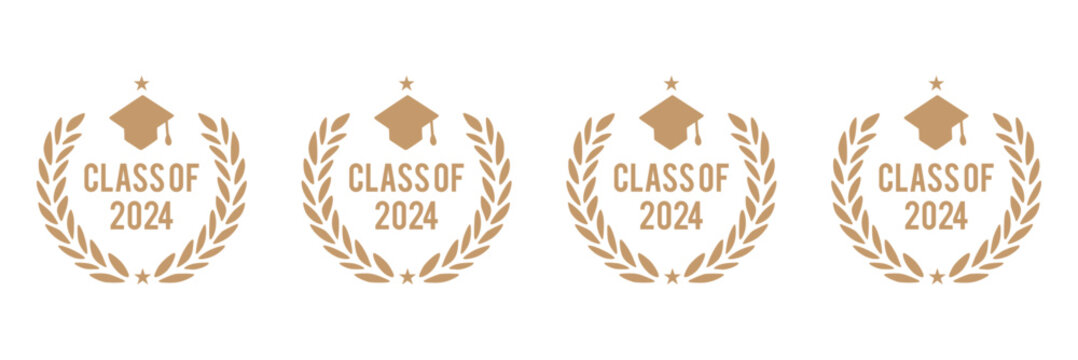 Set of class of 2024 graduation award emblem design template isolated in white background, graduation cap with laurel wreath in gold color