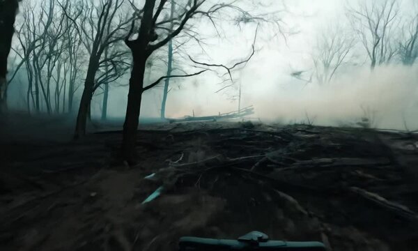 forest, nature, trees, tree, stream, fall, landscape, wood, morning, fog, rocks, war, warscene, explotion, destruction