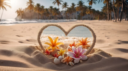  Heart Symbol On a Sand Of Beach.  Romantic composition.  AI generated image, ai