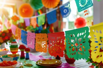 Colorful paper decorations and party banners at a vibrant Mexican themed celebration. Hispanic heritage month, Mexican culture, festive atmosphere, cultural event, traditional celebration