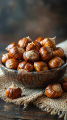 Obraz premium Roasted Chestnuts on Rustic Brown Background