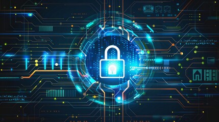 Vector abstract background technology illustration featuring data security and communication elements in a futuristic digital design with circuit patterns and cybersecurity concepts


