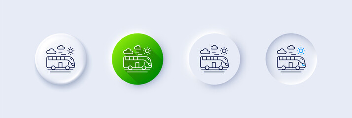 Bus travel line icon. Neumorphic, Green gradient, 3d pin buttons. Trip transport sign. Holidays vehicle symbol. Line icons. Neumorphic buttons with outline signs. Vector