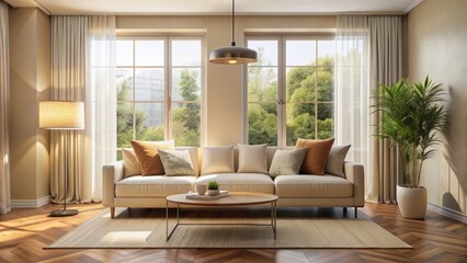 Understated elegance fills a calm, cream-hued living space with sleek, low-profile sofa and towering window bathing in soft, warm light.