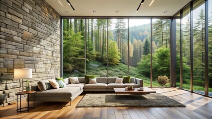 Elegant minimalist living room with natural stone wall, sleek sofa, and expansive floor-to-ceiling window framing lush forest scenery.