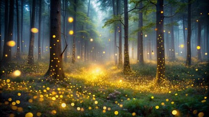 Ethereal golden fireflies swarm above misty forest floor, their soft luminescence twinkling like tiny stars in dark mysterious surroundings.