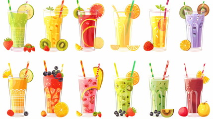 colorful healthy smoothies made from fruits on a white background