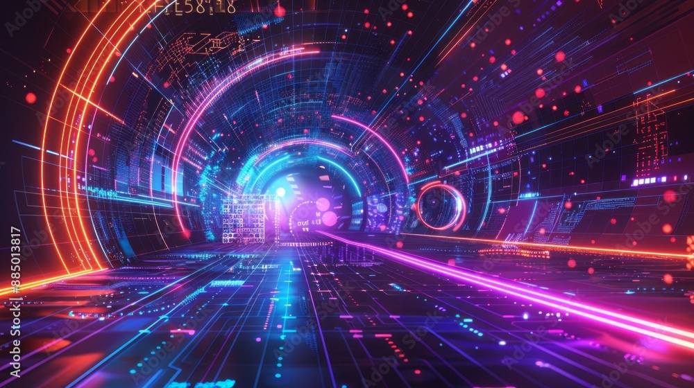 Poster virtual digital futuristic glowing neon stage with digital elements and curved empty screen for adve