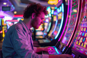Fototapeta premium Young man intensely playing slot machine in a vibrant casino with neon lights and colorful displays. Slot machine gambling, entertainment, nightlife, gaming experience, leisure activity.