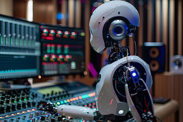 Fototapeta premium Humanoid AI robot working at the radio station studio, artificial intelligence and entertainment concept