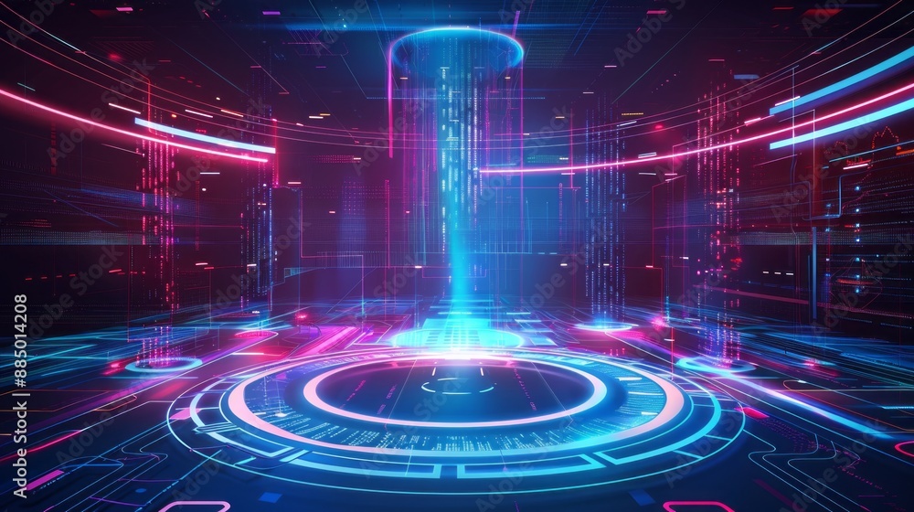Poster vector illustration of a futuristic glowing neon stage with digital elements and curved empty screen