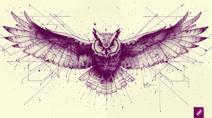  Drawing of a mystical owl with open wings, frame, tattoo, paper, minimalist, grey, black background, gold, geometric