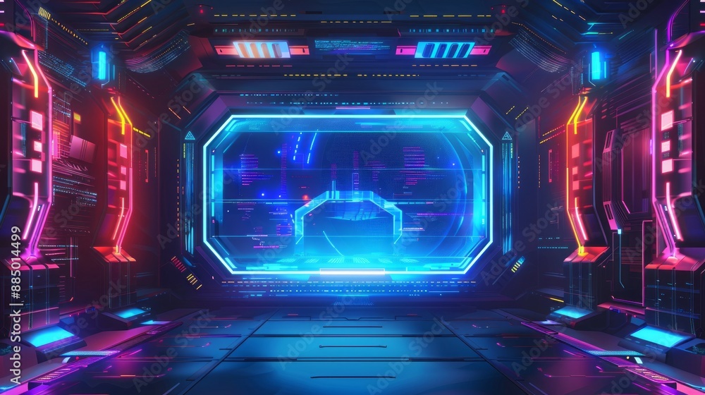 Poster vector illustration of a futuristic glowing neon stage with digital elements and curved empty screen