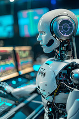 Fototapeta premium Humanoid AI robot working at the radio station studio, artificial intelligence and entertainment concept