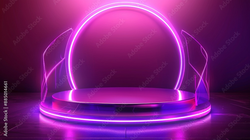 Poster vector illustration of a futuristic glowing neon stage with digital elements and curved empty screen