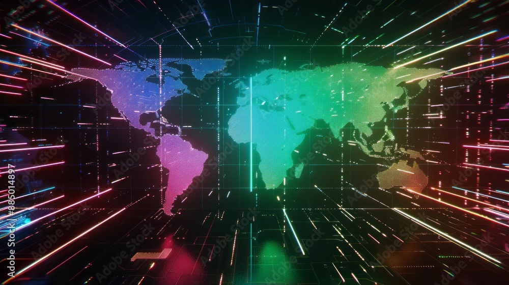 Poster cutting-edge hologram world map featuring vibrant spectrum colors and high-tech light effects for ad