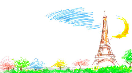 Colorful drawing of the Eiffel Tower with trees and sky, capturing charm of Paris. Concept of travel, French culture, and artistic expression. Copy space
