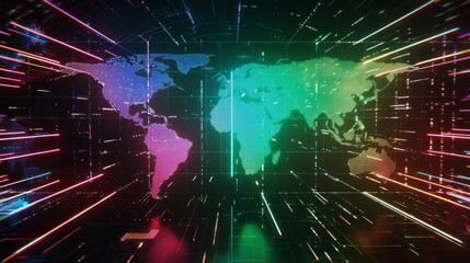 Cutting-edge hologram world map featuring vibrant spectrum colors and high-tech light effects for advanced technology concepts
