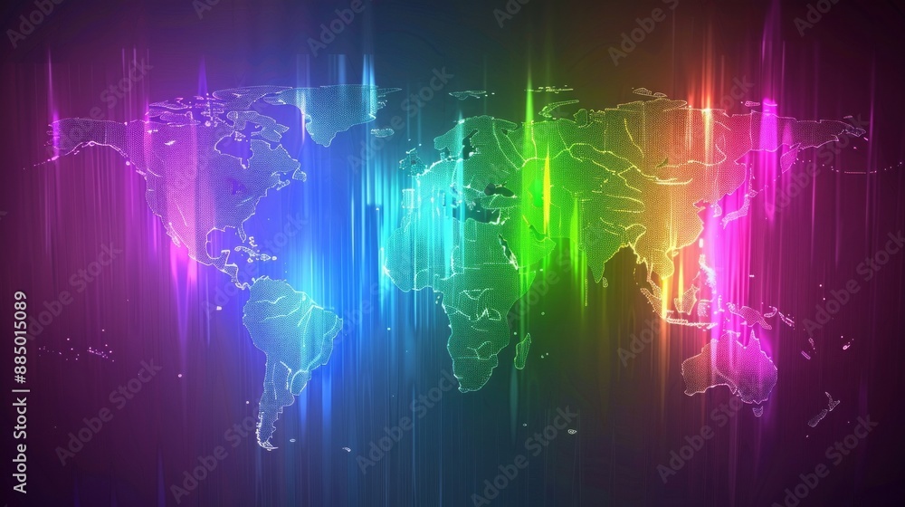 Poster cutting-edge hologram world map featuring vibrant spectrum colors and high-tech light effects for ad