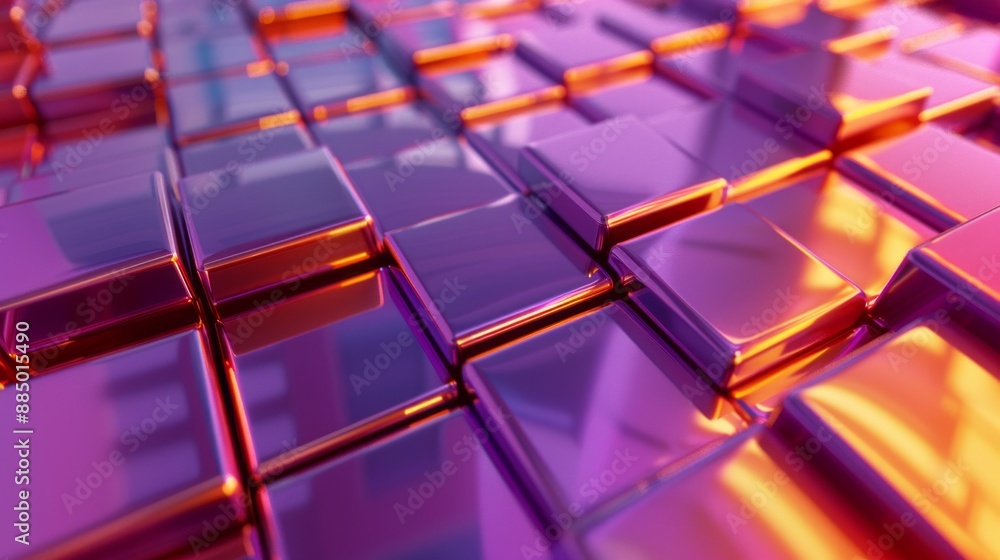 Poster modern technology background with neatly arranged violet and orange glossy blocks, 3d render showcas