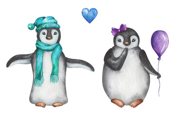 Watercolor animal illustration. Hand painted cartoon penguin girl and boy with hat, balloon, scarf, bow. Penguin in love, dating. Marine birds. Isolated clip art for Valentine, Christmas
