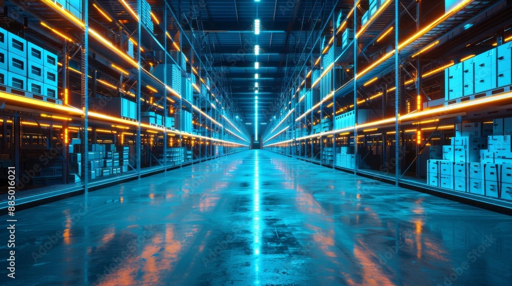 Poster futuristic warehouse technology with neon background: advanced warehouse program and cutting-edge co