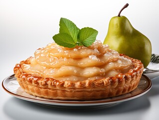 Delicious pear tart with caramel and fresh pears on white background