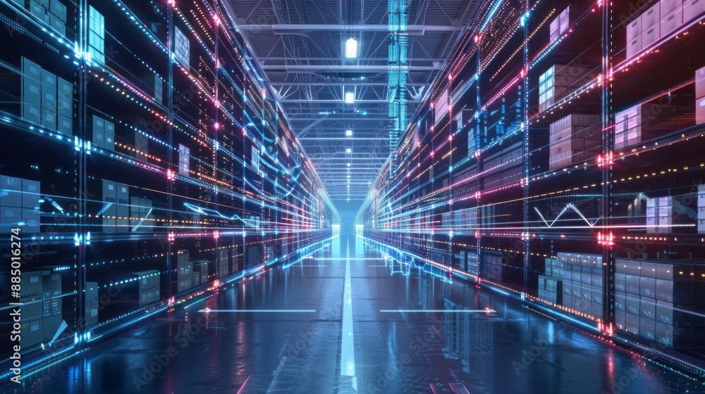 Poster futuristic warehouse technology with neon background: advanced warehouse program and cutting-edge co