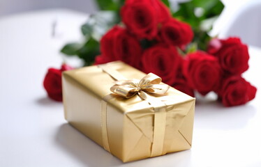 Close-up of golden giftbox and bouquet of red roses. Birthday, Valentines or mother's day celebration. Festive events, surprise or presents