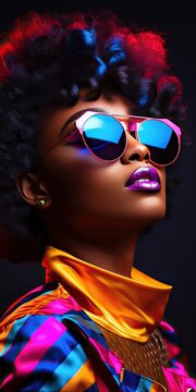 High fashion studio portrait of young african american woman with sunglasses