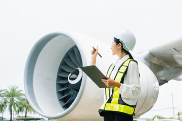Female aviation engineer in safety gear inspecting an airplane engine, embodying professionalism...