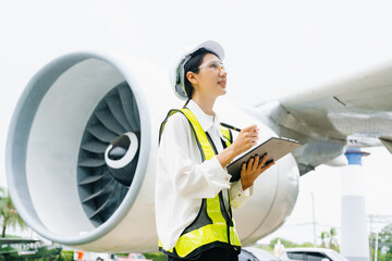 Female aviation engineer in safety gear inspecting an airplane engine, embodying professionalism and industry standards.