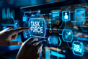 Forensic expert is pressing TASK FORCE on a touch screen interface. Business metaphor and law enforcement technology concept. Icons onscreen refer to peer experts, investigative tools and coding with 