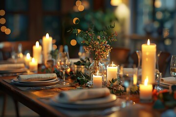 Festive table setting decorated with candles and greenery for holiday celebration
