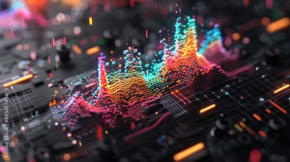 Poster Glowing Futuristic 3D Digital Music Equalizer with High-Tech Vibes, Generative Ai