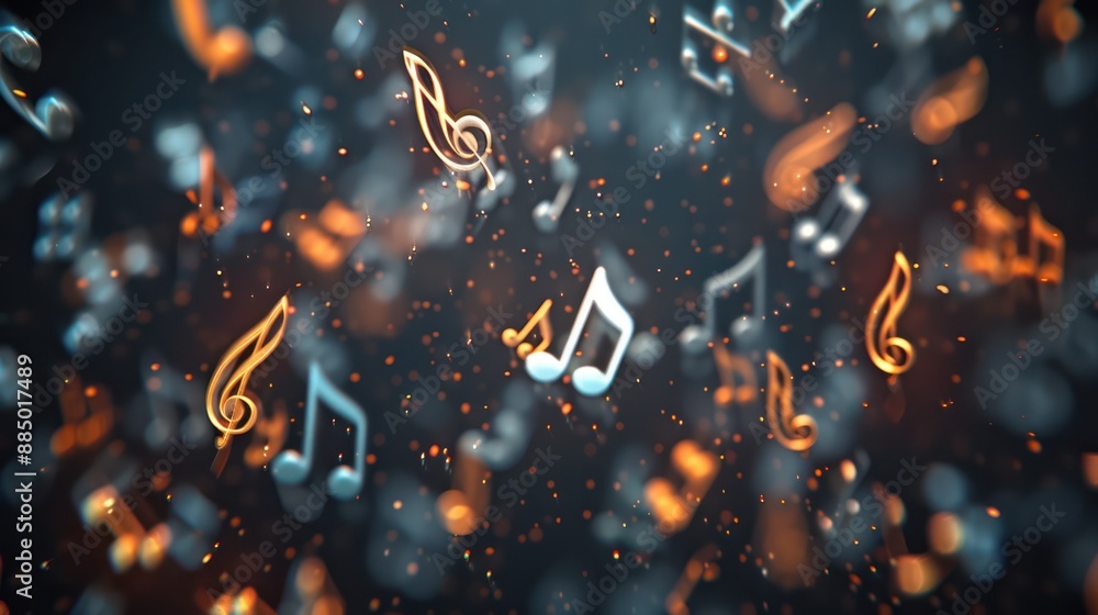 Poster Futuristic 3D Holographic Music Notes in Dark Space | Abstract Background of Floating 3D Sound Symbols, Generative Ai