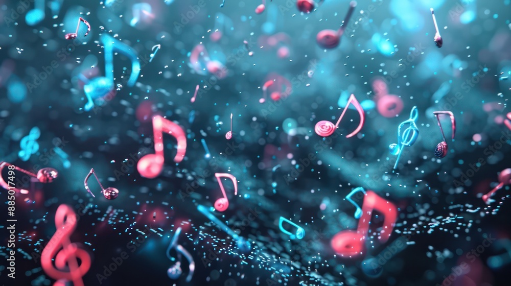Poster futuristic holographic 3d music notes in dark space - abstract background of floating notes, modern 