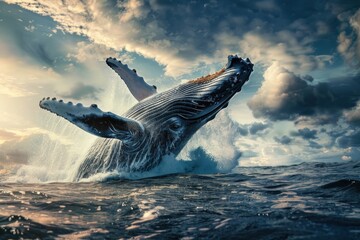 Fototapeta premium majestic humpback whale breaching ocean surface with dramatic splash vivid blue water and cloudy sky